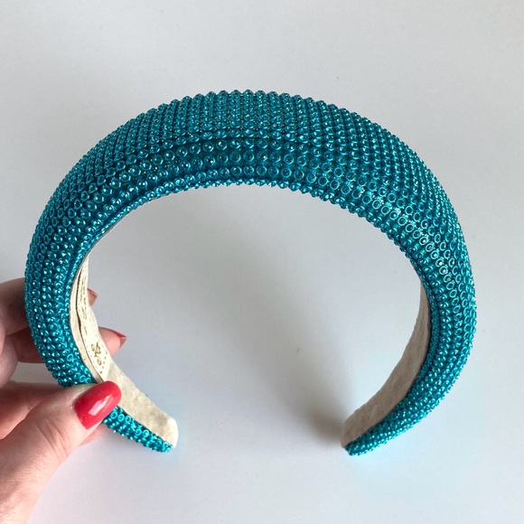 Padded 1.5” Headband with Aquamarine Rhinestone Aluminum Mesh Overlay Handmade - Picture 6 of 8